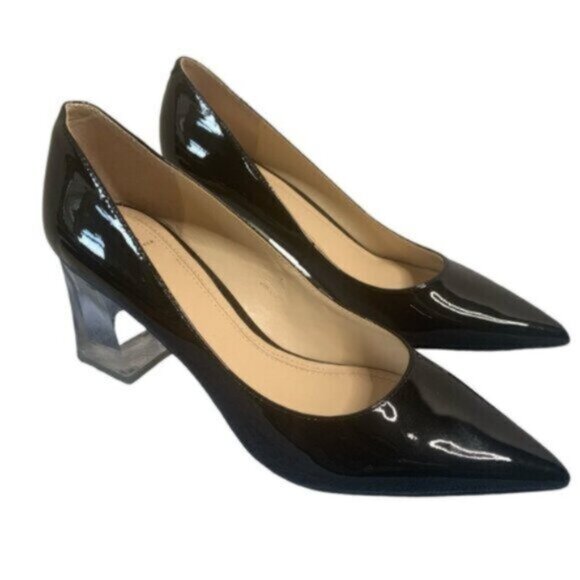 Marc Fisher Ltd Black Patent Leather Pointed Toe Clear Block Heels - Picture 11 of 15